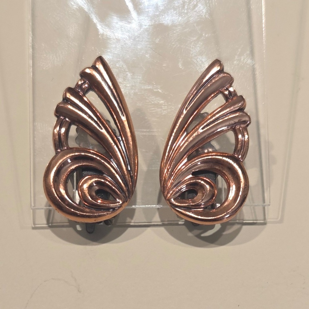 Vintage RENOIR Signed Copper Butterfly Wing Clip On Earrings Art Nouveau Style